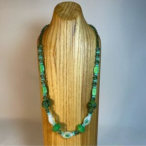 Czech crystal and glass lampworked beads green white necklace